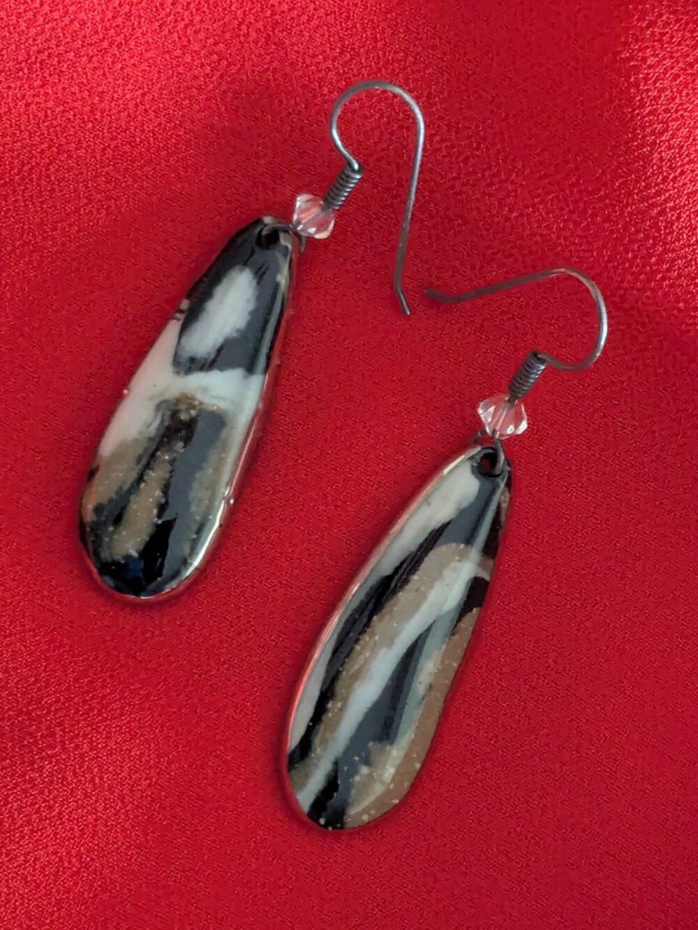 Artisan Teardrop Swirl Earrings - Black, Cream & Gold Shimmer - Bohemian Hippie